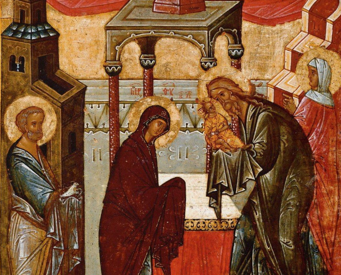 Сретение Господне - свети Симеон среща Дева Мария и младенеца Христос